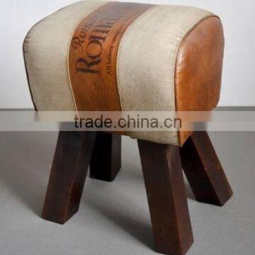 Vintage Industrial Canvas Leather Round Puff Stool