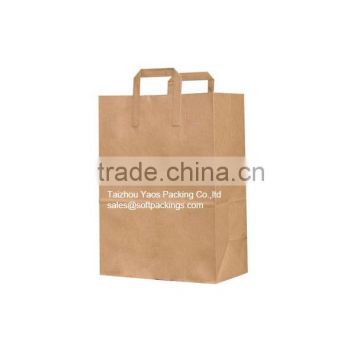 take away fast food paper bag, kraft paper bag wholesale with flat handle, flat bottom kraft paper shopping bag