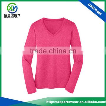 High quality 100% polyester jersey self-fabric V-neck long sleeve sport shirt for ladies