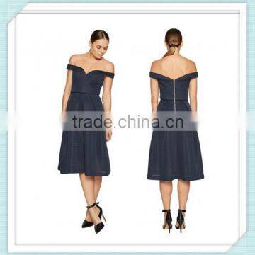 Lady's navy bonded fabric off shoulder dress fashion dress