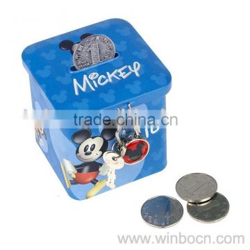 Square cartoon kids gift tin coin box with lock money bank