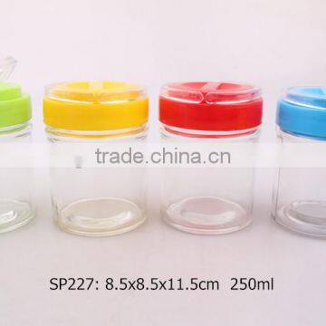 clear glass jar with color plastic lid