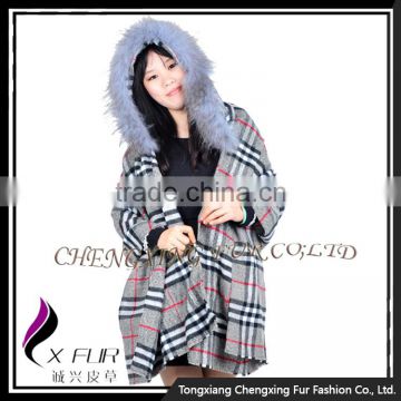 CX-B-P-39 Real Raccoon Fur Trimmed Fashion Women Pashmina Shawl