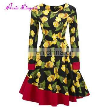 China manufacturer yellow and green printed autumn new ladies latest office dress