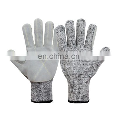Cowhide leather palm anti cut  anti slip reinforced palm HPPE cut resistant level 5 glass carving gloves