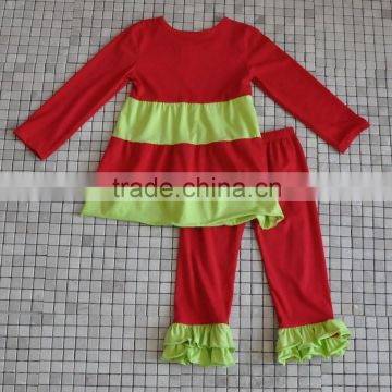 popular kids red green stripe ruffle christmas clothes for wholesale