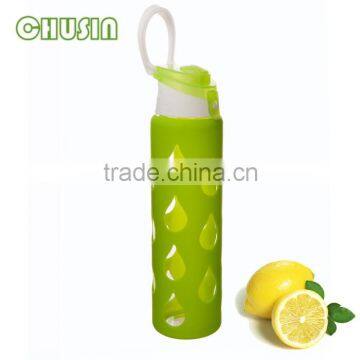 pyrex glass water bottle with rubber silicone sleeve and unique design and straw wholesale