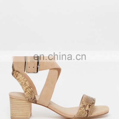 ladies latest design for snake skin contrast mid height heels shoes women cross strap heel sandals shoes