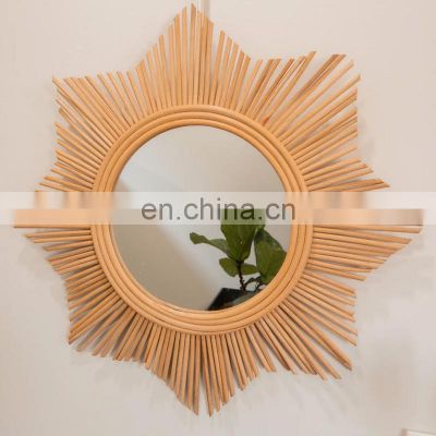 HOT Star Sun Flower Boho Round Rattan Mirror, Floral Hand Woven Wicker, Vintage Handmade Wall Mount Hanging Decor
