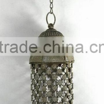 round engraved metal candle lantern w/chain