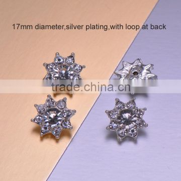 (M0287) 17mm diameter rhinestone metal button with loop ,silver plating