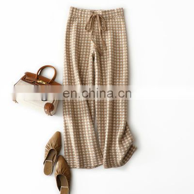 Women New Fashion Thick Plaid Cashmere Knit Lounge Pants with Drawstring