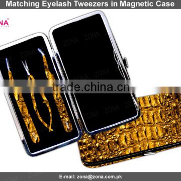 Eyelash Extension Tweezers In Crocodile Magnetic Case / Get Customized Designed Lashes Kits From ZONA PAKISTAN