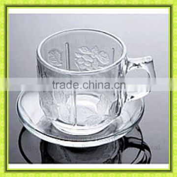flower engraved glass cup and saucer,unique eco-friendly glass coffee mug,glass cup for espresso