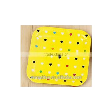 Yellow color square shape paper plate with many different color loving heart