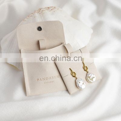 PandaSew 8x8cm Custom Logo Jewelry Package Ivory Microfiber Snap Button Gift Bag with Insert Pad Jewelry Pouch