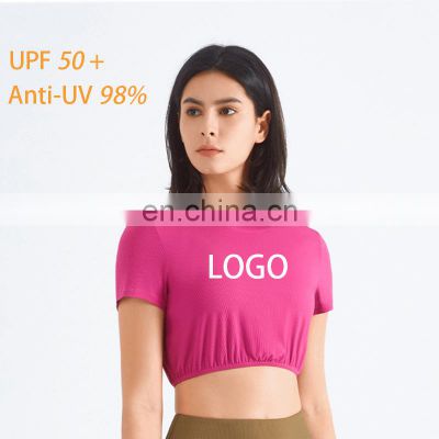 Classical Round Neck Short Sleeve Tee Quick Dry Women Gym Sports Yoga T-shirts Ribbed Anti-UV Sunscreen Workout Fitness Crop Top