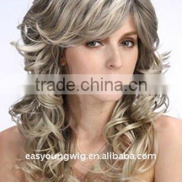 Wholesale long hair curly synthetic blonde wigs, dye ombre grey color wigs