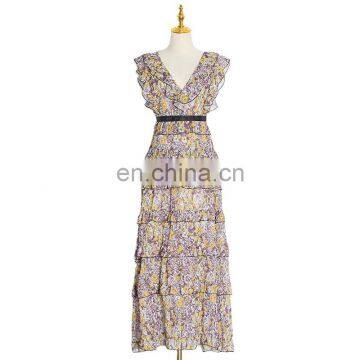 Vintage Print Ruffle V Neck Tank Sleeveless High Waist Tunic Slim Maxi Dresses Female