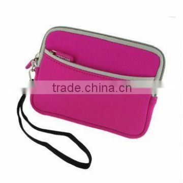 zipper two pocket mobile phone pouch, neoprene material, lanyard, factory price
