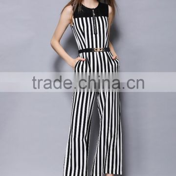 2017 Guangzhou wholesale stripe casual comfort unique mature elegant summer sleeveless jumpsuit with belt for ladies