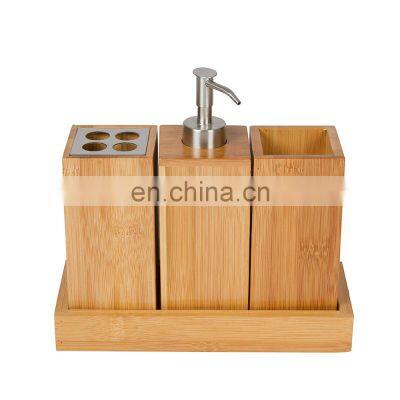 Nice Durable Bamboo Soap Dispenser Set includes pump soap dispenser, toothbrush holder, and storage