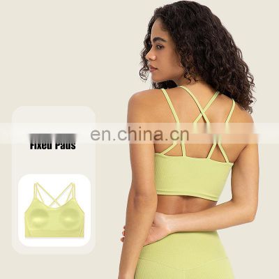 Wholesale Ribbed Fixed Pads Thin Straps Sexy Gym Yoga Bra Cross Back Sports Training Bra Top Women Fitness Workout Active Wear