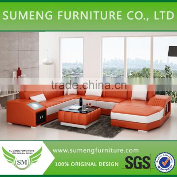 Swedish orange round corner sofa bed, round sofa chair with LED light on armrest