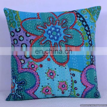 Turquoise Floral Kantha Cushion Cover Kantha Throw Pillow Cover Hand Stitched Kantha Cushion Cover Indian Textile Ethnic Art