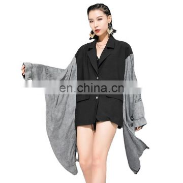 TWOTWINSTYLE Patchwork Hit Color Lapel Collar Batwing Sleeve Oversize Jacket For Women