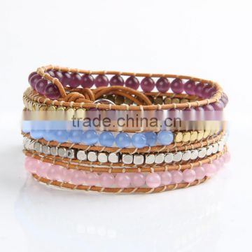 Joker pink blue purple ogem bracelet bangle multilayer leather bracelet women fashion wrap bracelet jewelry wholesale