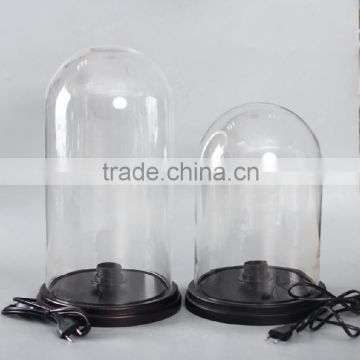 Round glass dome with wooden base and wires