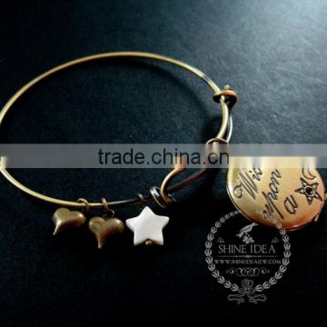 vintage bronze antiqued round star engraved photo locket wish charms fashion women wiring bangle bracelet 6450039