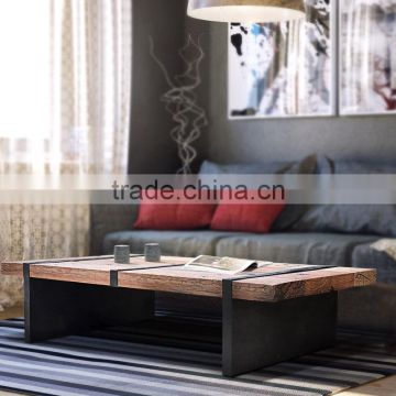 Furniture Coffee Table Rustic Stye Rectangular Shape Combination Solid teak Wood And Metal