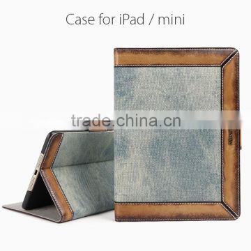 New Arrival Vertical Flip Genuine Leather & Jean Case for Ipad Mini 2 3 4