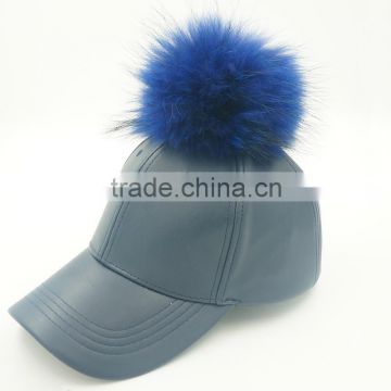 Big genuine raccoon fur ball PU leather baseball caps New 5 panel outdoor waterpoof sport hats