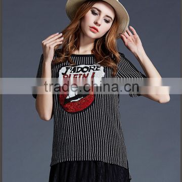 European Stylish Stripes Women Summer Chiffon T Shirt Print Plus Size Blouse for Fat Women