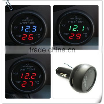 2015 New 3in1 Digital Voltmeter Thermometer 12/24V Cigarette Lighter USB Car Charger Free Shipping
