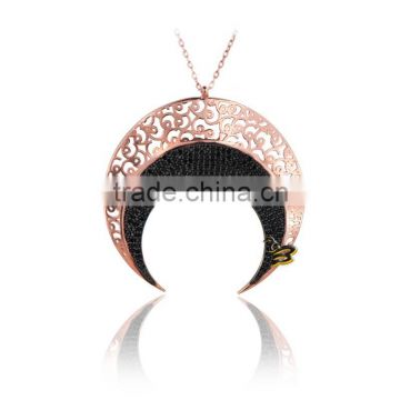 Rose Gold P. 925K Sterling Silver Crescent Moon Pave micro Setting Necklace