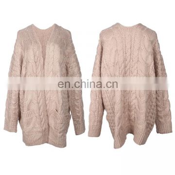 Best Twist pattern design Chunky knitted pouch sweater cardigan of women clothing 2017