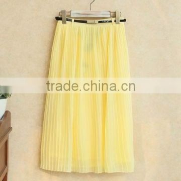 Ladies chiffon ruffle with belt yellow pencil skirt