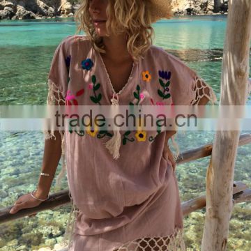 Bohemian Hand Emboidered neckline Kaftan beachwear tunic tops cotton tassels fringes funduna hem kurtis pom pom lace short tops