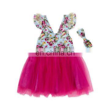 2019 New Arrival Sequin flutter lace sleeve Cotton Floral Long tulle baby girl frocks party dress