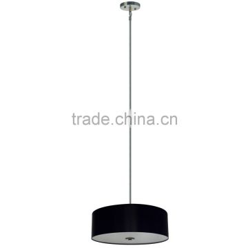 4 light chandelier(Lustre/La arana) in satin steel finish with round silk look 22" black stealth fabric shade