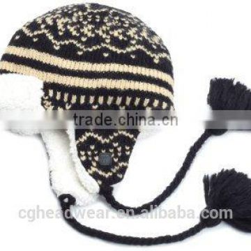 High Quality Pom Pom Cheap Custom beanie hat / knit hat / knit pattern trapper hat