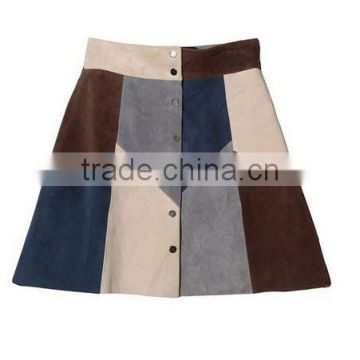 Women Color Block High Waist Faux Suede Button Up A-line Mini Skirt