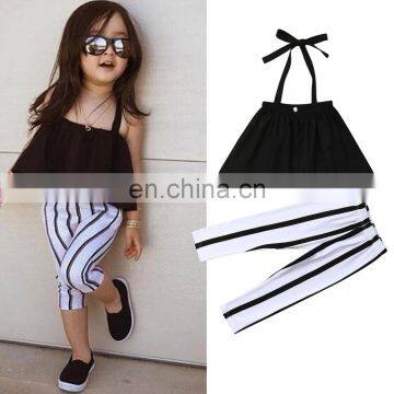 Summer Girls Clothes Sets Children's Clothing Fashion Girl Shirt Black Top+Striped Pants Suits 2019 Kids Clothing 2pcs