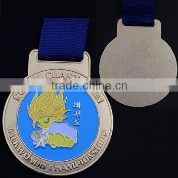 2.17" size, gold plated, with printed ribbon, soft enamel Taekwondo Championship medals