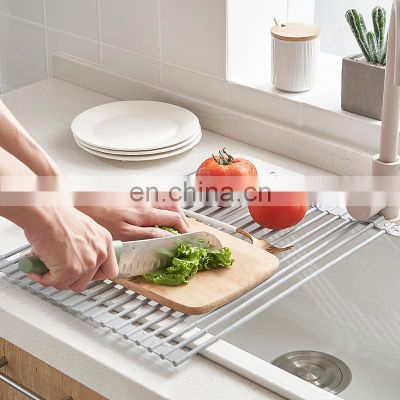 Cheap foldable silicone stainless steel dish drain rack for kitchen dish rack on sink