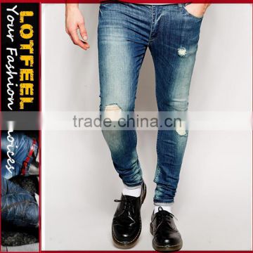 indigo denim jeans Distressed denim man jeans pant with Rip Knee skin tight jeans hot pants(LOTA081)
